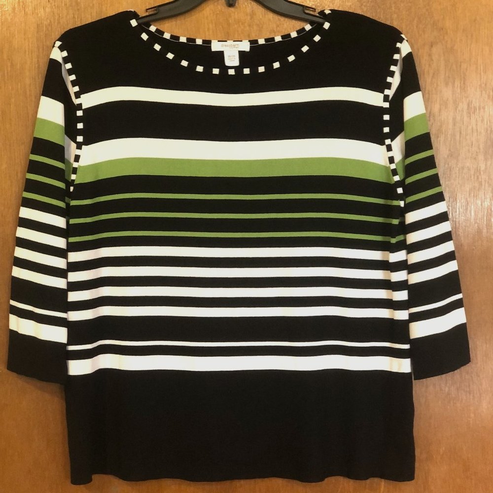 DRESS BARN 3/4 SLEEVE STRIPE BLACK WHITE GREEN TOP